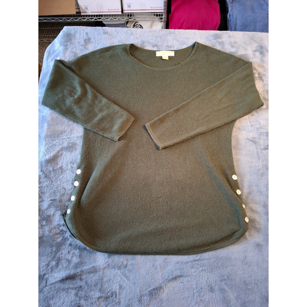 Michael Kors‎ Women Olive Green Waffle Knit Side Button Tunic Sweater Small
